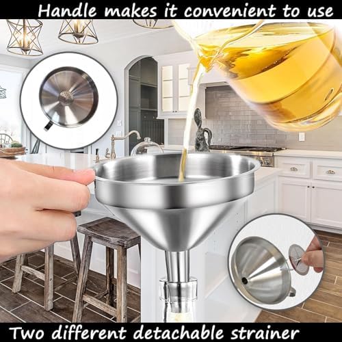 4 Pack Stainless Steel Funnels for Kitchen Use with Removable Strainer