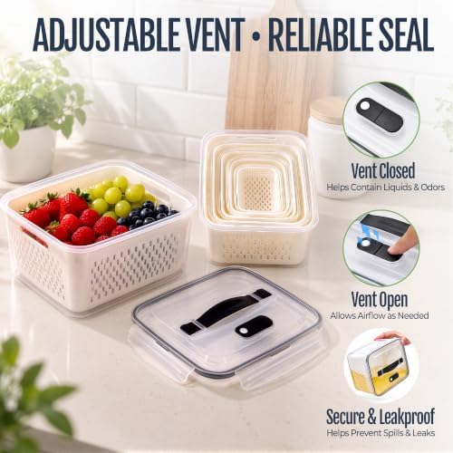 Fruit Storage Containers for Fridge: 3 PCS with Removable Colander