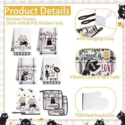 10 Pcs Black Cat Themed Kitchen Decor and Accessories - Sets 4 Kitchen