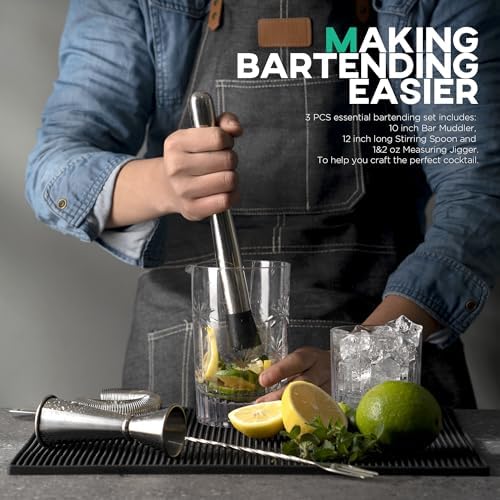 Homestia 3 Pcs Muddler for Cocktails Set, 12'' Mixing Spoon & Double