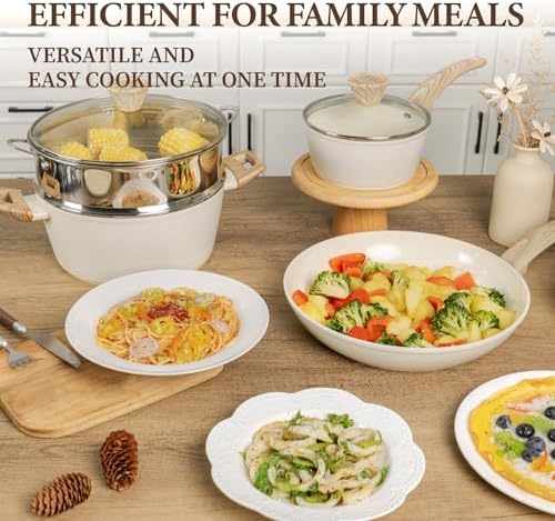 26Pcs Pots and Pans Nonstick Ceramic Cookware Set Nontoxic Kitchen Cooking Set with Steamers Utensils Induction Compatible, PFAS/PFOA Free, Oven and Dishwasher Safe, Cream White