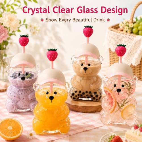 Glass Bear Cup with Straw & Lid, 20oz for Coffee & Shakes