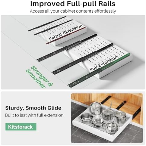 Pull out Cabinet Organizer, Expandable(12"-20") Heavy Duty Slide out Drawers Fixed with Adhesive Nano Film for Pots, Roll out Shelf Storage for Kitchen Base Cabinet, Pantry, Bathroom Cupboard
