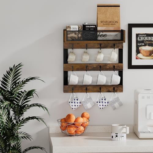 YINMIT Coffee Cup Holder Wall Mounted, 12-Hook Mug and Shelf for