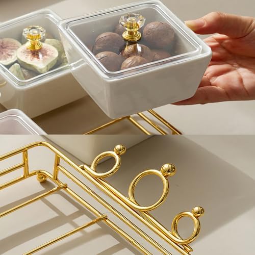 YA JU Ceramic Bowls and with Lid Gold Basket Trays, 3 Removable Small