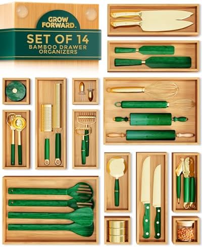 Grow Forward Bamboo Drawer Organizer Boxes - Set of 14 Wooden Drawer