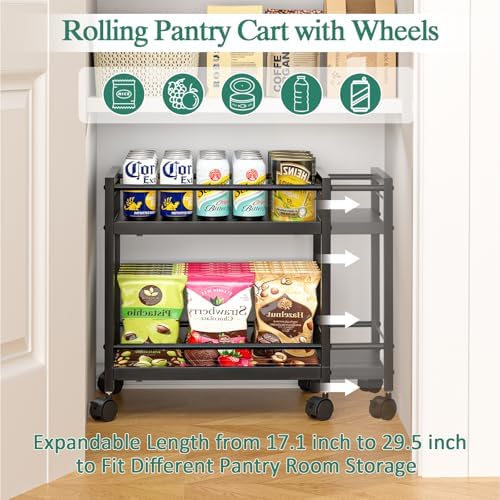 2-Tier Expandable Rolling Pantry Cart with Wheels, Black