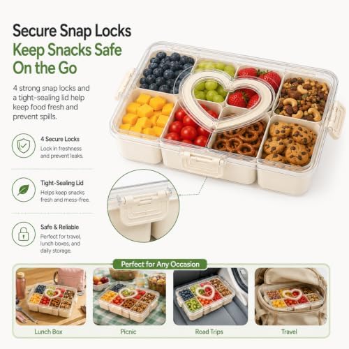 2 Pack Snack Box Container with Lid, Compartment Divided Food Storage