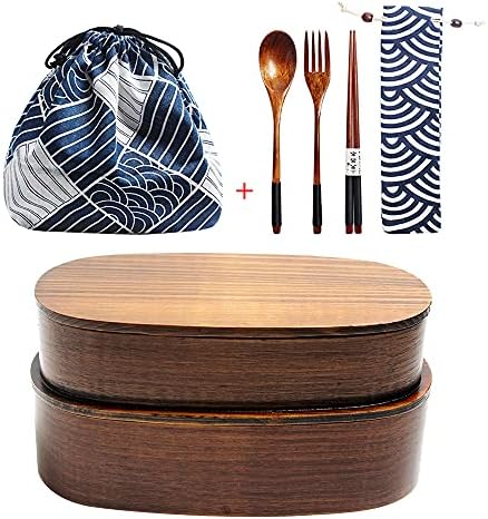 DODY Wooden Japanese Bento Box with Spoon Fork Kit