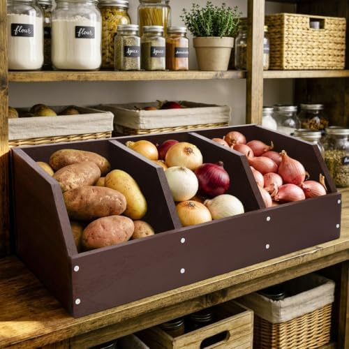 Potato Onion Storage Bin, Wooden Pantry Organizer with 3 Compartments