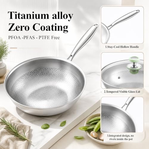 LemonRoad Titanium Wok 12" Hammered Titanium Pans for Cooking