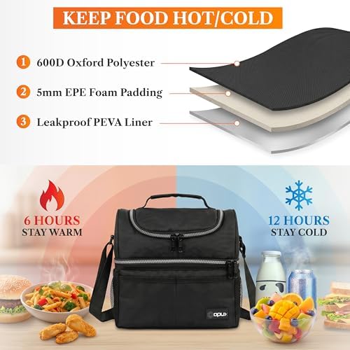 opux Insulated Lunch Bag, Double Decker (Black)