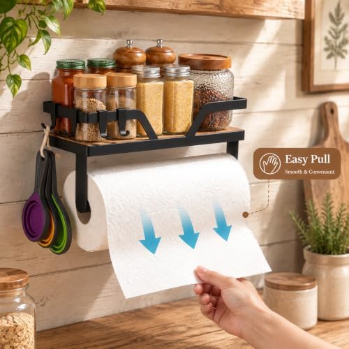 Paper Towel Holder with Shelf - Kitchen Spice Rack Organizer Wood