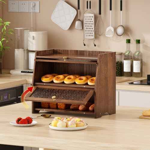 Bread Box for Kitchen Countertop, Double Layer Pine Wood Breadbox