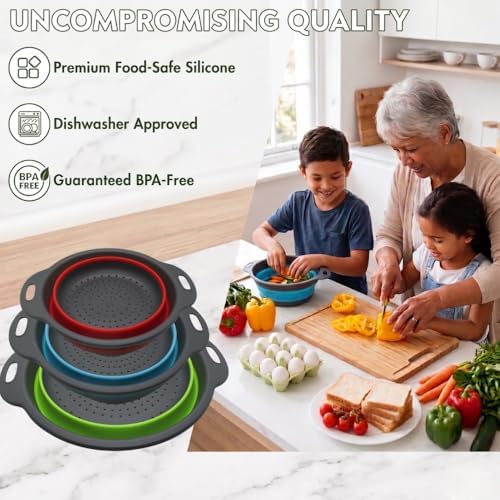 Collapsible Kitchen Strainer 3 Pack (3QT, 4QT, 5QT) –Foldable Colander