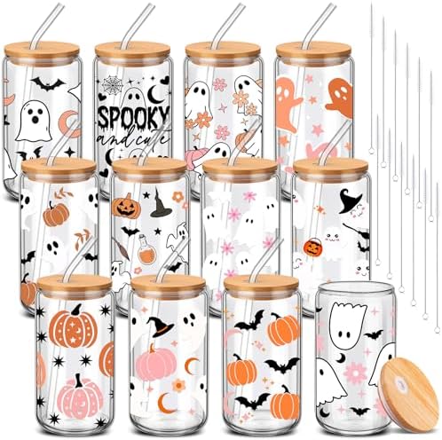 12 Pcs Halloween Ghost Glass Cups Bulk 16 oz Cute Pink Spooky Iced
