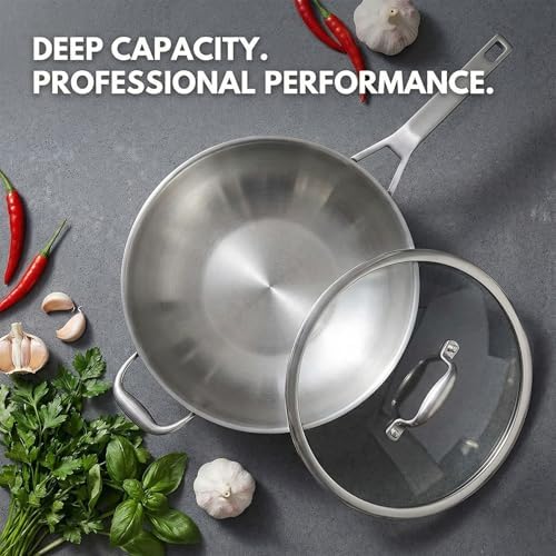 Inqibee 13 Inch Stainless Steel Wok with Lid, Detachable Handle