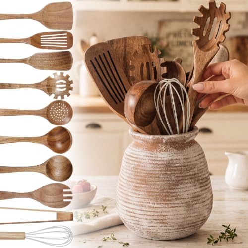 SiliFine 11 Pcs Cottage Kitchen Utensil Set with Ceramic Crock, All in