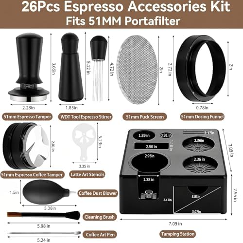 51mm Espresso Accessories Kit – 26PCS Tamping Station, Tamper, WDT