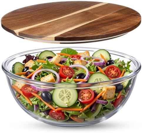 LemonRoad 12 Inch Large Salad Bowl with Acacia Wood Lid Glass Thick