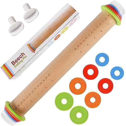 Yasashii Wood Rolling Pin With 4 Adjustable Thickness Rings, Non-stick