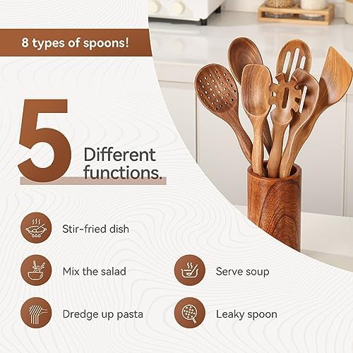Kitchen 10PCS Teak Wooden Utensils Set With Holder and Spoon Rest