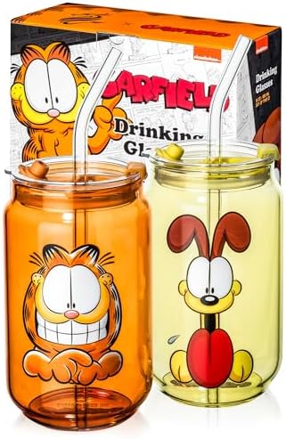 Dragon Glassware x Garfield Glass Cups with Straws & Lids, 16 oz Set