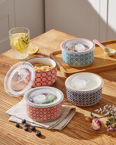 Metahom Ceramic Bowls with Lids Set of 4, Microwave Safe Soup Bowls