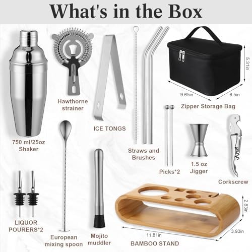 16 Pcs Bartender Kit Bag with Stand Portable Cocktail Shaker Set, 25oz