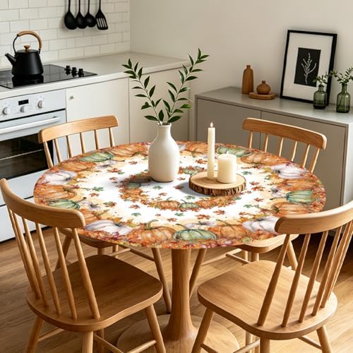 Fall Round Fitted Tablecloth with Elastic Edge Thanksgiving Autumn