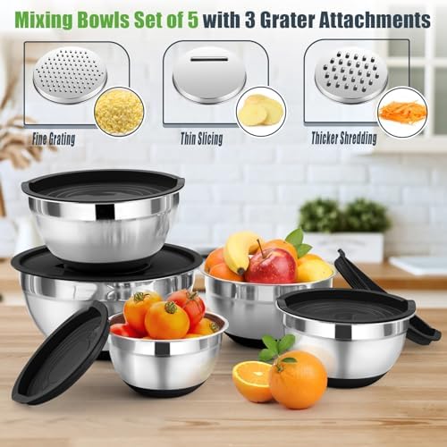 P&P CHEF Mixing Bowls with Lid Set, Nesting Bowl for Storing, Black