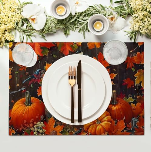 Pumpkin Maple Leaf Bird Fall Placemats Set of 4 Autumn Thanksgiving