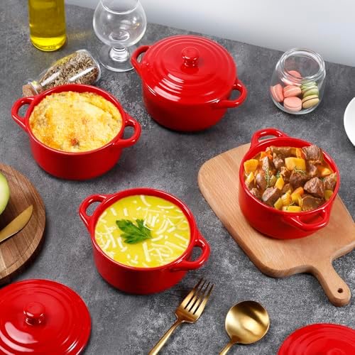 4 Pcs Mini Cocotte Set,Small Ceramic Casserole with Lids,16 Oz,Red