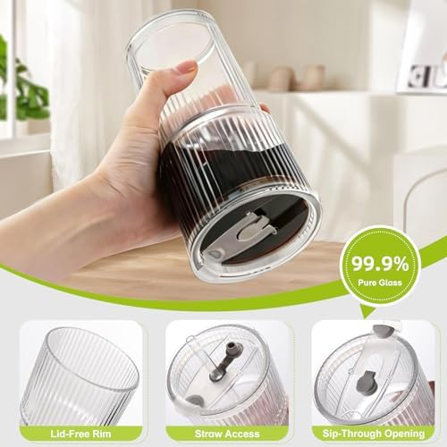 4pcs Ribbed Glass Tumbler with Straw and Lid - 20oz Reusable Iced