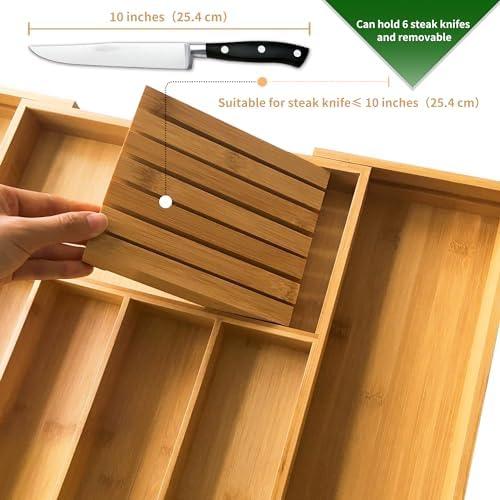 VaeFae Bamboo Silverware Drawer Organizer and Bamboo Knife Drawer