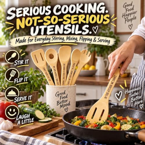 Cussing Cutlery Wooden Spoons for Cooking 6 Piece Bamboo Utensil Set
