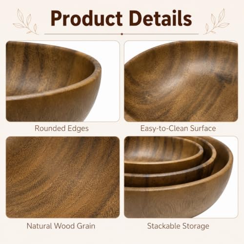 3 Pcs Walnut Wooden Bowls Set, 8.7", 6.3", 5.5" Large Wooden Salad