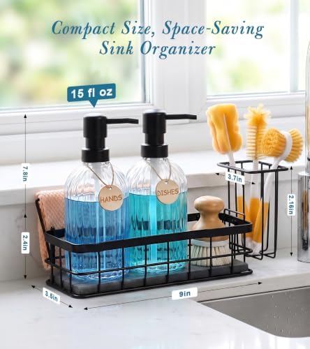 Kitchen Soap Dispenser Set with Sponge Holder, 15 fl oz, Clear Glass