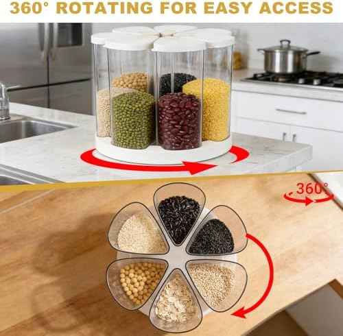 5-10 lbs Rice Dispenser 6 Grids 360° Rotating Cereal Dispenser Countertop BPA-Free PET Grain and Rice Storage Container with Lids Dry Food Dispenser Grain Canister Sets for Oats Flour Corn Flakes