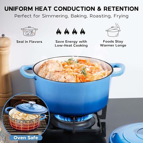 Onader 6QT Enameled Cast Iron Dutch Oven Pot with Lid, Round Dutch Oven for Bread Baking, Heavy Duty - Blue