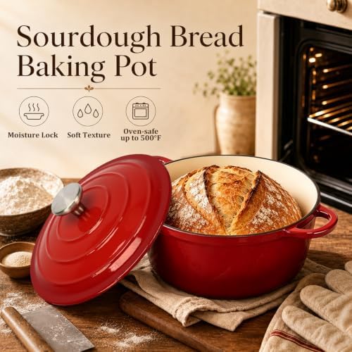 Enameled Cast Iron Cookware Set, Dutch Oven for Bread Baking &