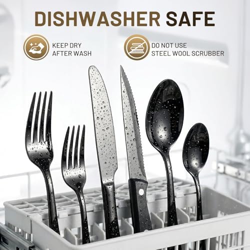 48 PCS NO-FADING Black Silverware Set with Steak Knives, Flatware for 8