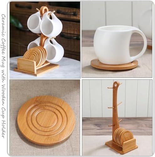 Bamboo Coffee Mug Holder Tree, Ceramic Coffee Cup Shelf Set 6 Piece