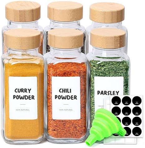 ComSaf Glass Spice Jars with Labels 8 oz 6 Pack Bamboo Lids