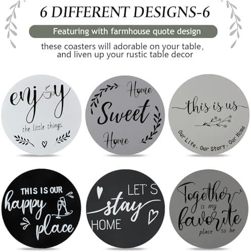 Queekay House Warming Gifts New Home Farmhouse Coasters Set of 6, Gray