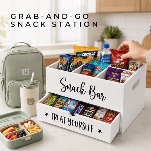 Wood Snack Organizer for Countertop, 4 Compartment Pantry Storage Bins