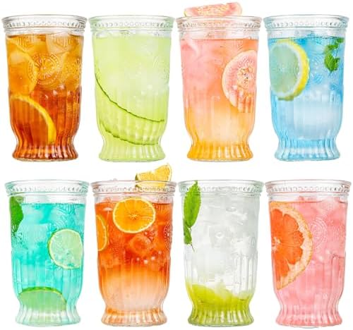 Vintage Drinking Glasses, 8 pcs Embossed Designed Highball Glasses