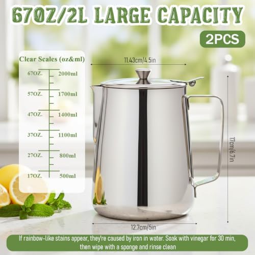 2 Pcs Stainless Steel Pitcher with Lid, 67 oz Silver Metal Measuring