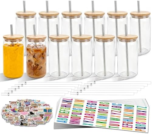 16oz Plastic Cups with Lids and Straws & DIY Sticker Reusable, 12 Pack