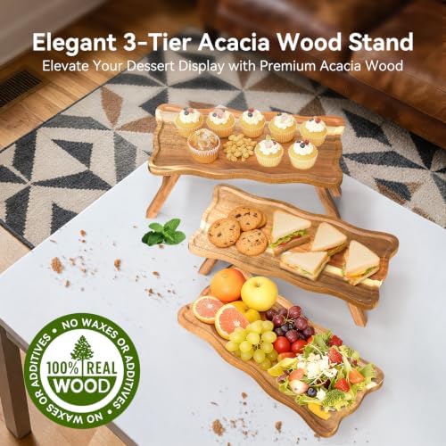 Acacia Wood 3 Tier Cupcake Stand, Serving Tray for Party, Foldable